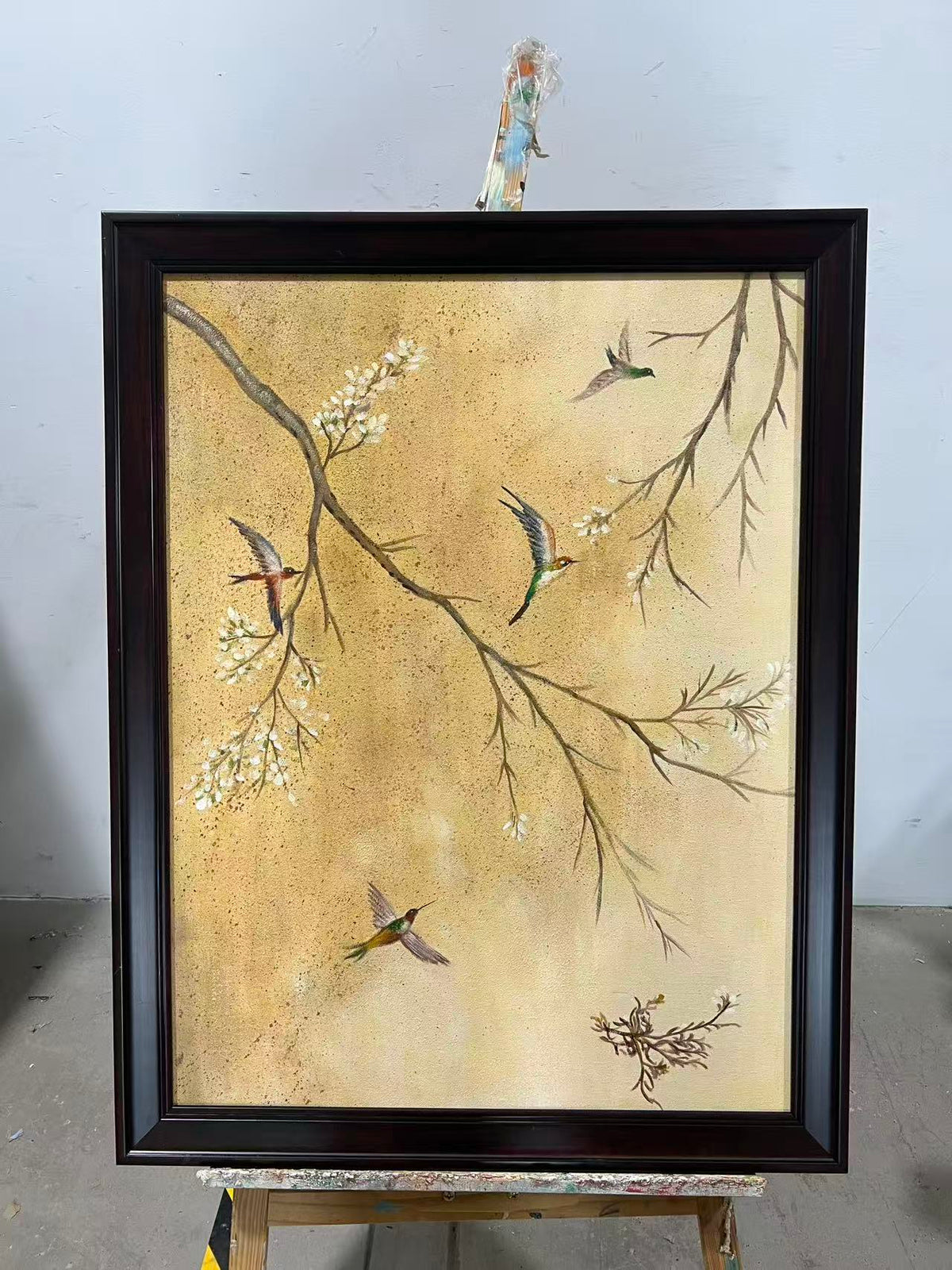 Hummingbirds on Gold Silk