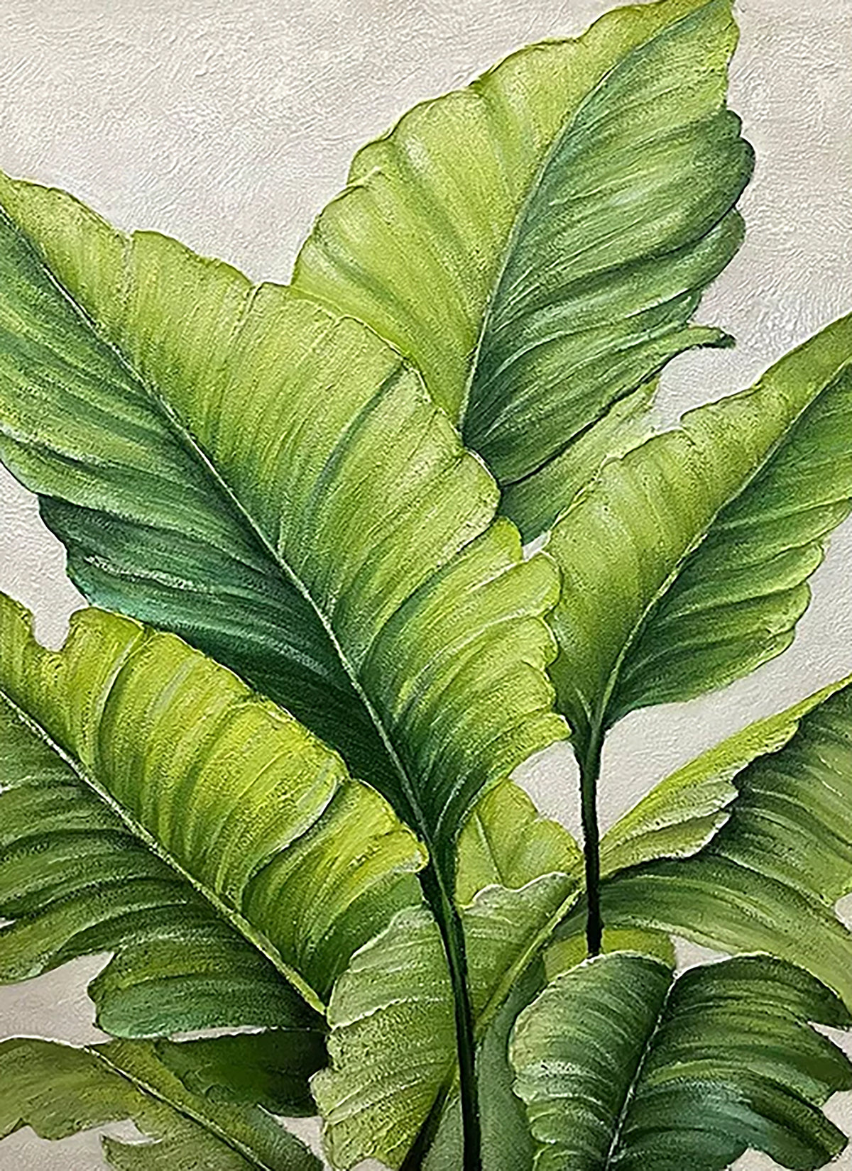 Broad glossy banana leaves in fresh greens on a pale textured ground