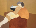 Two figures in rust and ochre embracing on a sofa beside a small table with a teapot