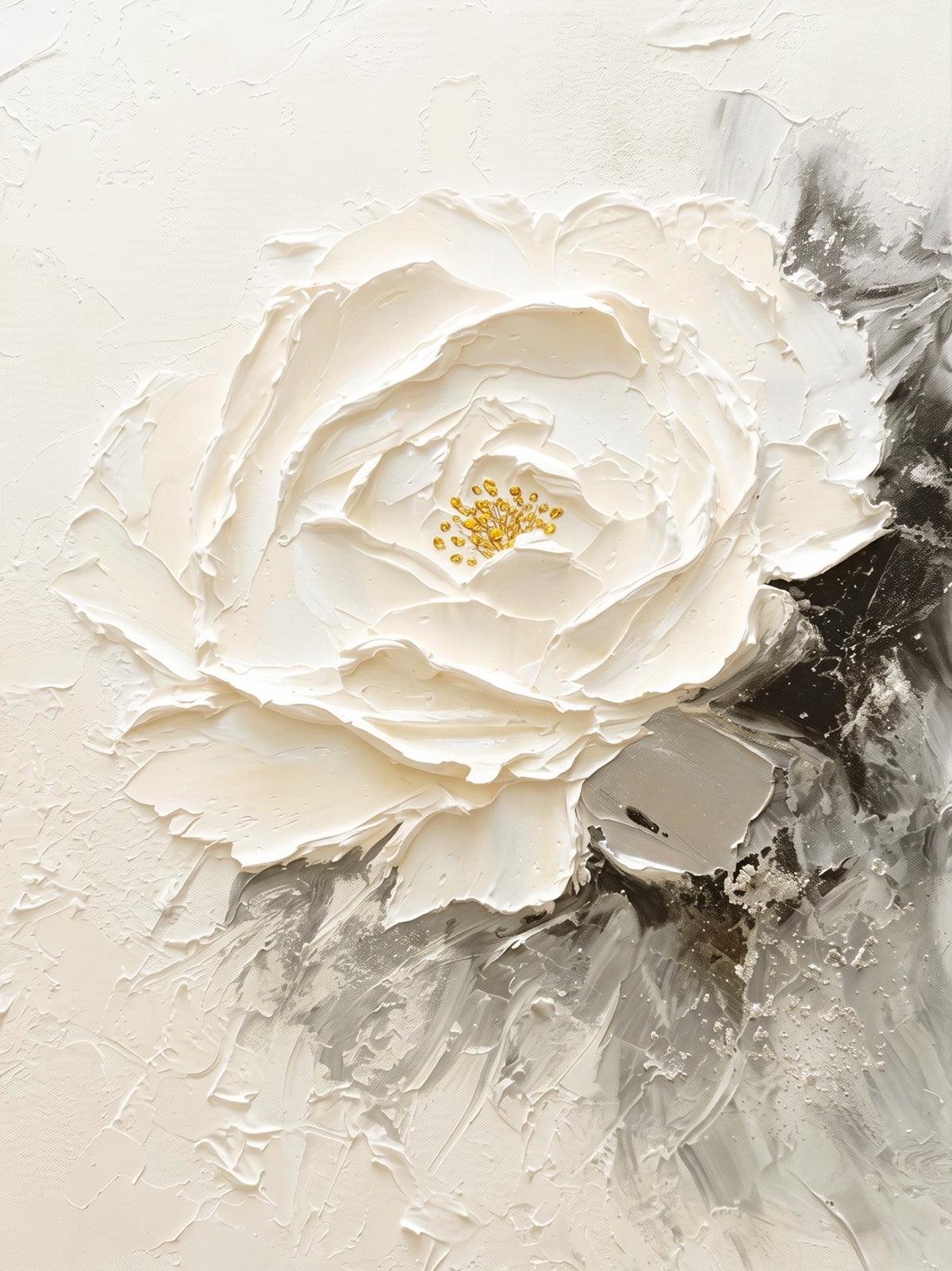 A large white rose with a golden center sculpted in thick paint, grey brushwork behind