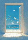 An open white door onto a bright blue sea with gulls flying past