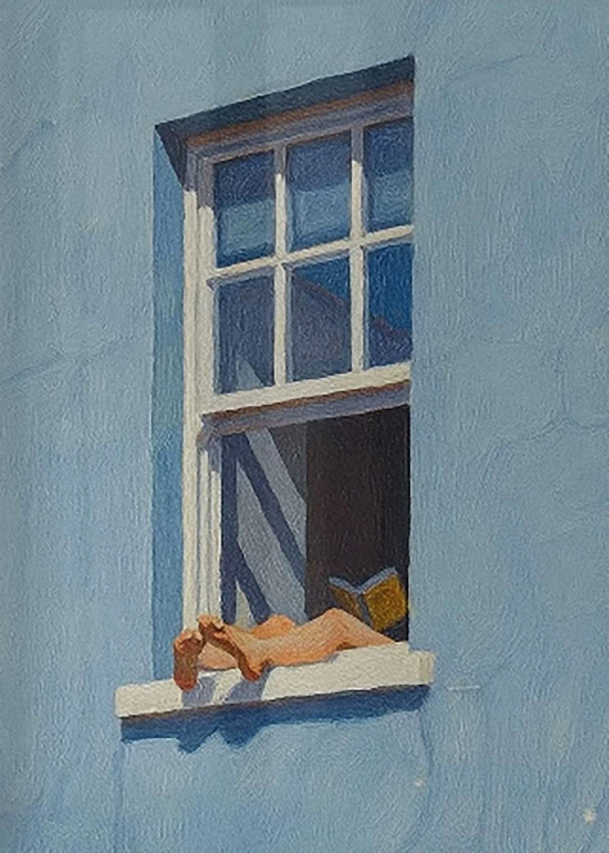Someone stretched out on a sunny windowsill with a book, framed by a pale blue wall