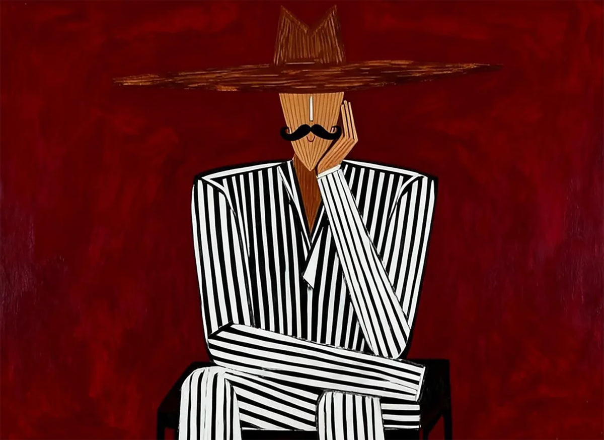 A mustached man in a wide straw hat and striped suit, chin in hand, against a deep red ground