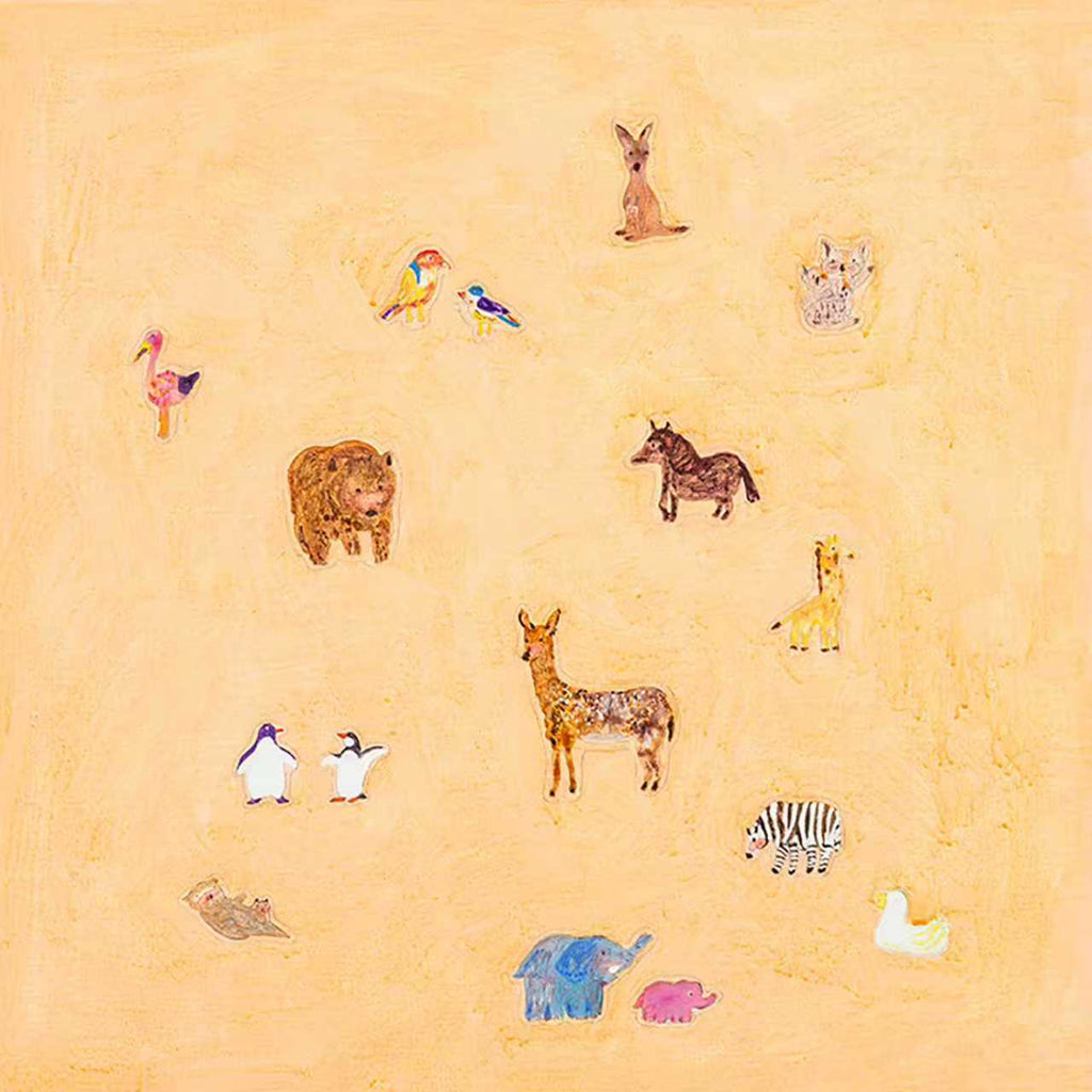 Tiny hand-drawn animals—penguins, a bear, zebra, elephants, birds—scattered across a warm peach ground