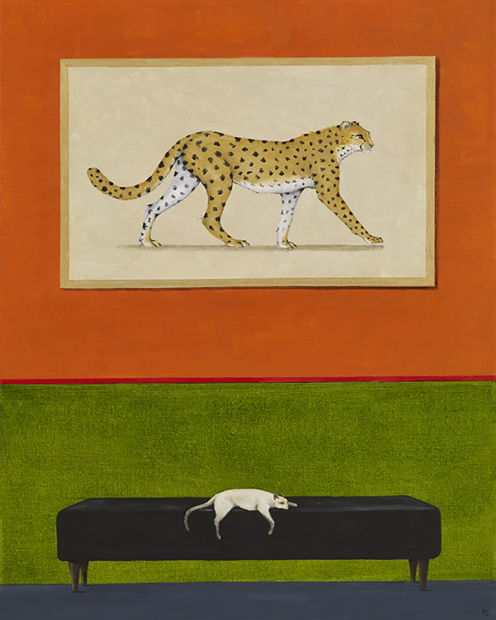 A white dog asleep on a black bench below a framed cheetah painting on an orange and green wall