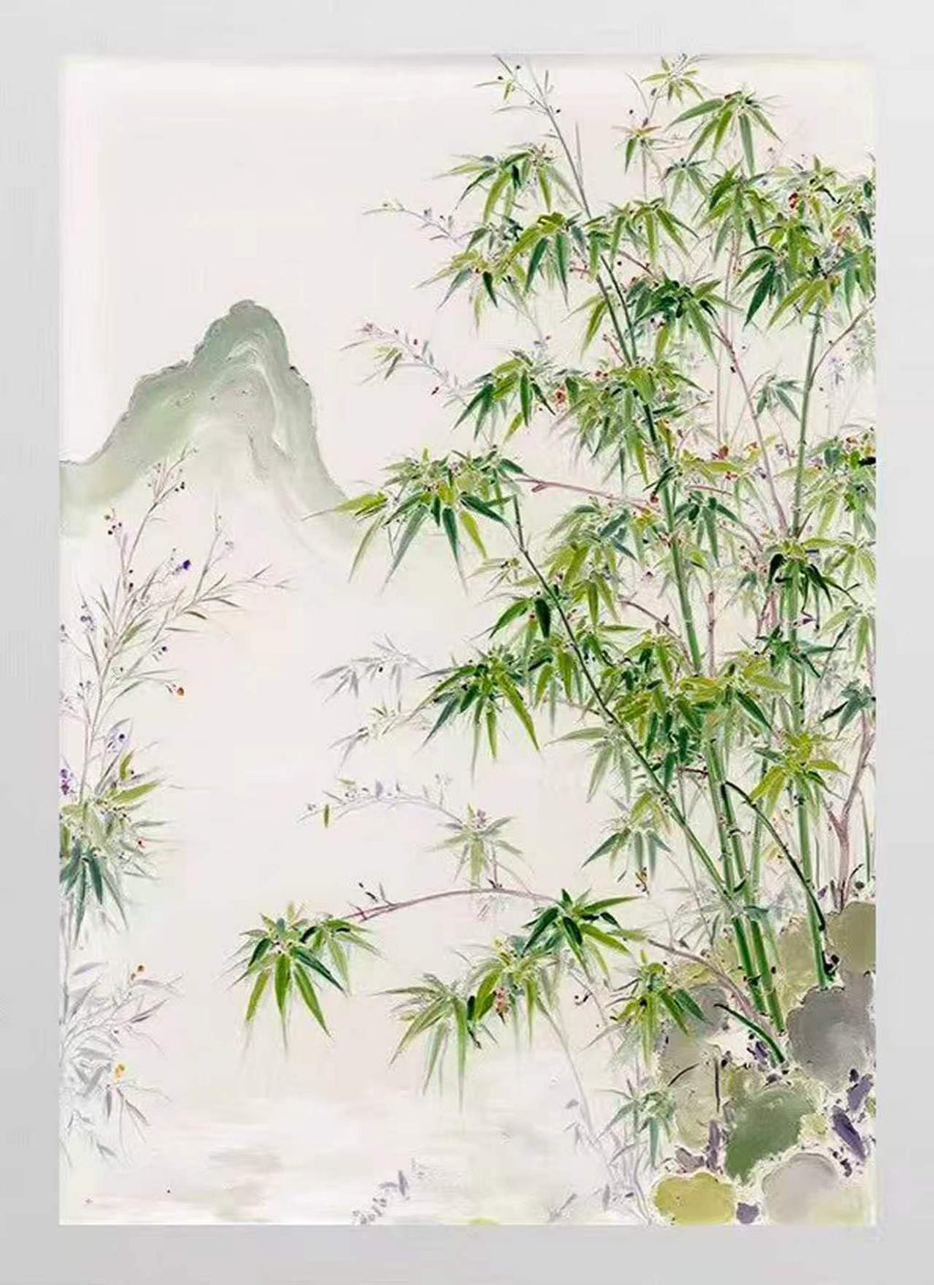 Fresh green bamboo and rocks in front of a soft misty mountain, in delicate ink and wash