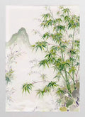 Fresh green bamboo and rocks in front of a soft misty mountain, in delicate ink and wash