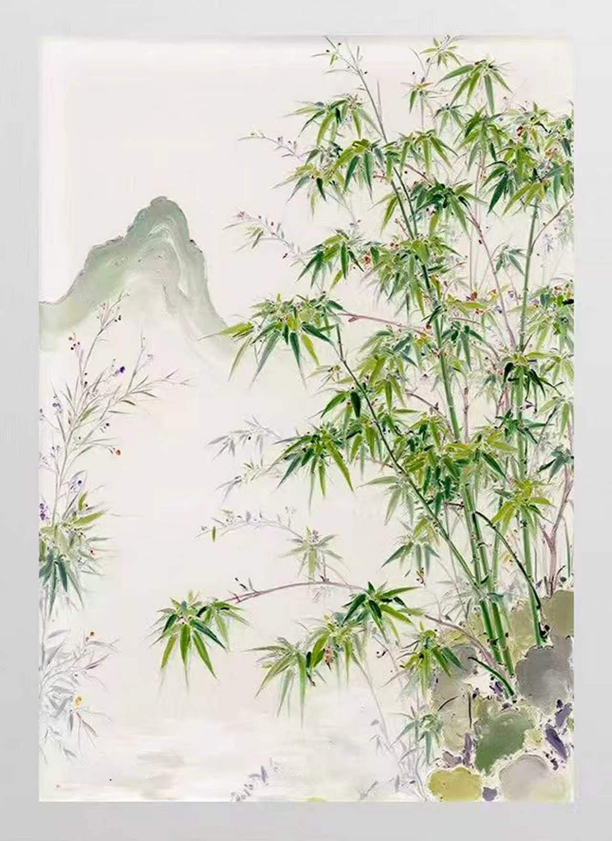 Fresh green bamboo and rocks in front of a soft misty mountain, in delicate ink and wash