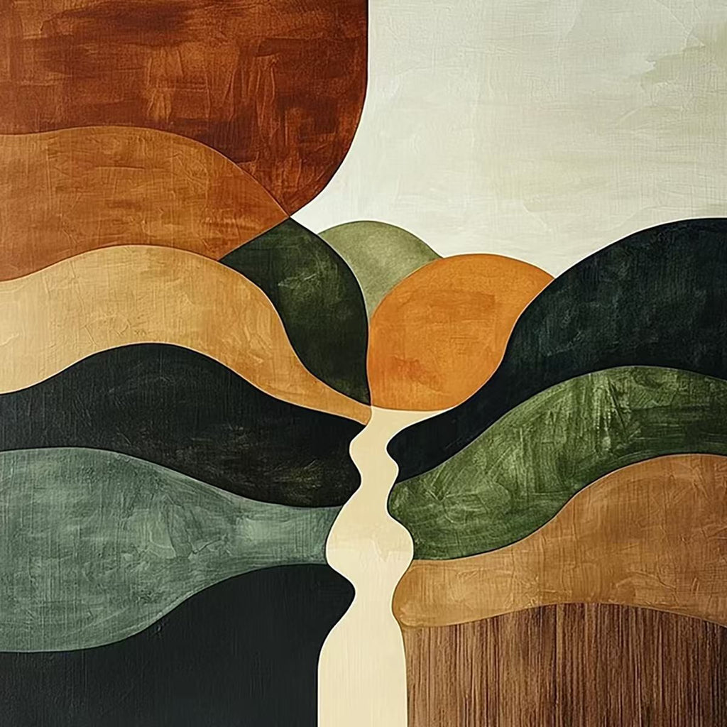 Layered rolling hills in rust, ochre, olive and black around a winding cream path