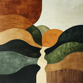 Layered rolling hills in rust, ochre, olive and black around a winding cream path