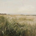 Tall wind-blown grasses on the dunes above a pale, quiet sea
