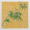A small brown warbler perched on bamboo among scattered yellow blossoms on a gold ground