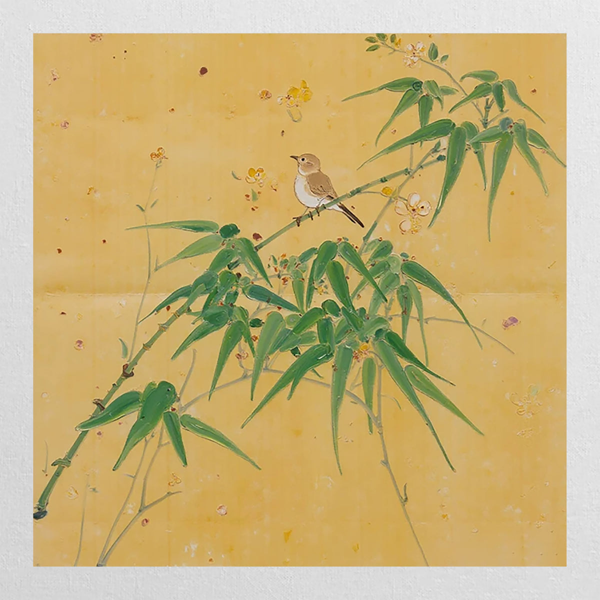 A small brown warbler perched on bamboo among scattered yellow blossoms on a gold ground