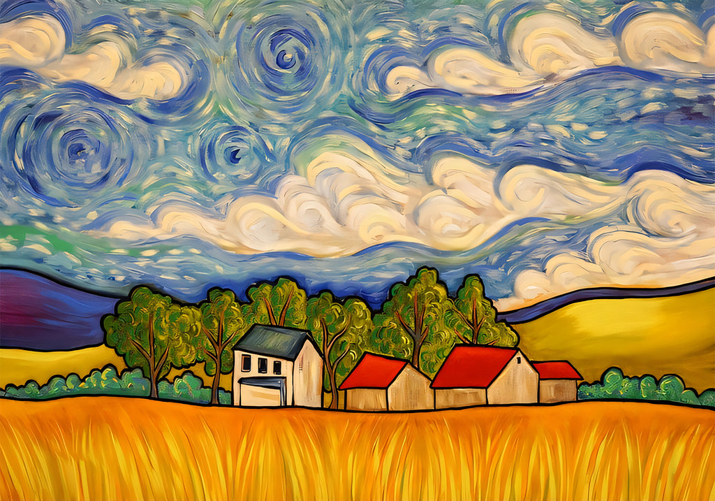 Red-roofed farmhouses below a swirling blue sky and a golden wheat field