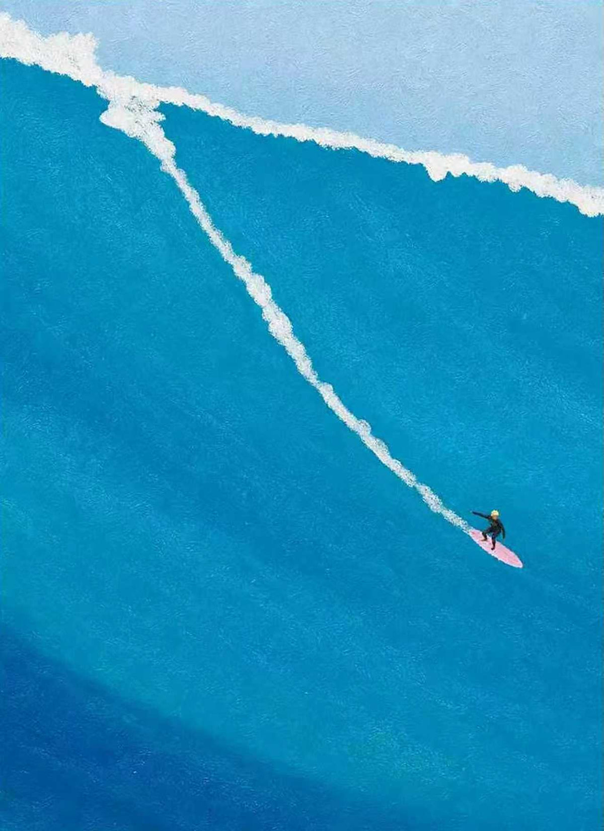A tiny surfer on a pink board carving down the face of a huge turquoise wave