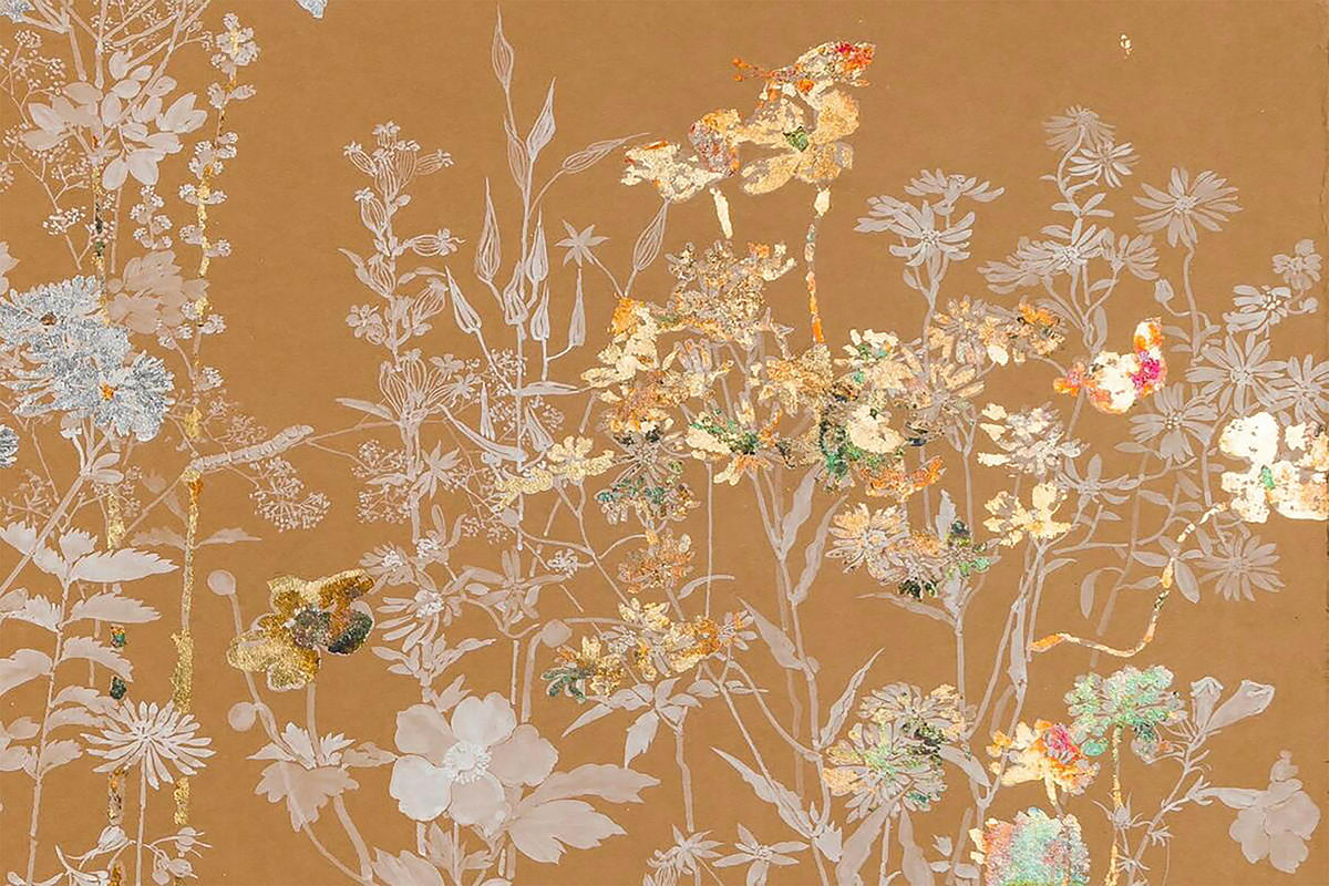 Silvery wildflowers and grasses with flecks of gold and iridescent leaf on a copper ground