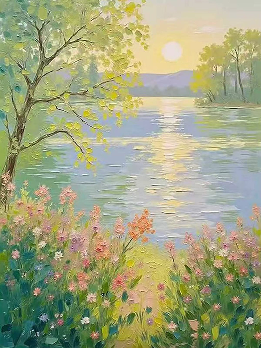 A low sun over a shimmering lake, framed by fresh green trees and pink wildflowers