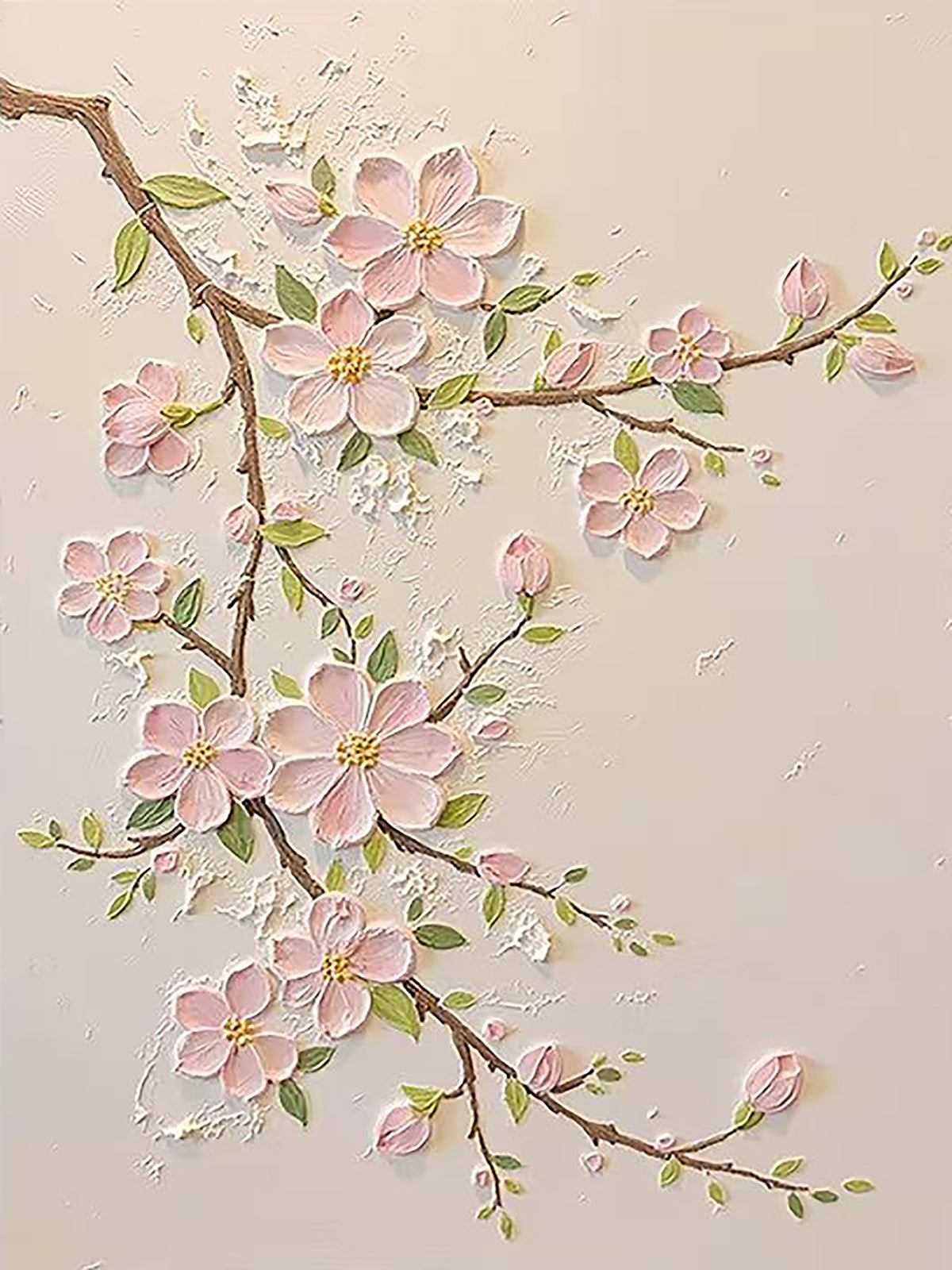 A branch of pink cherry blossoms and buds sculpted in relief on a soft blush ground