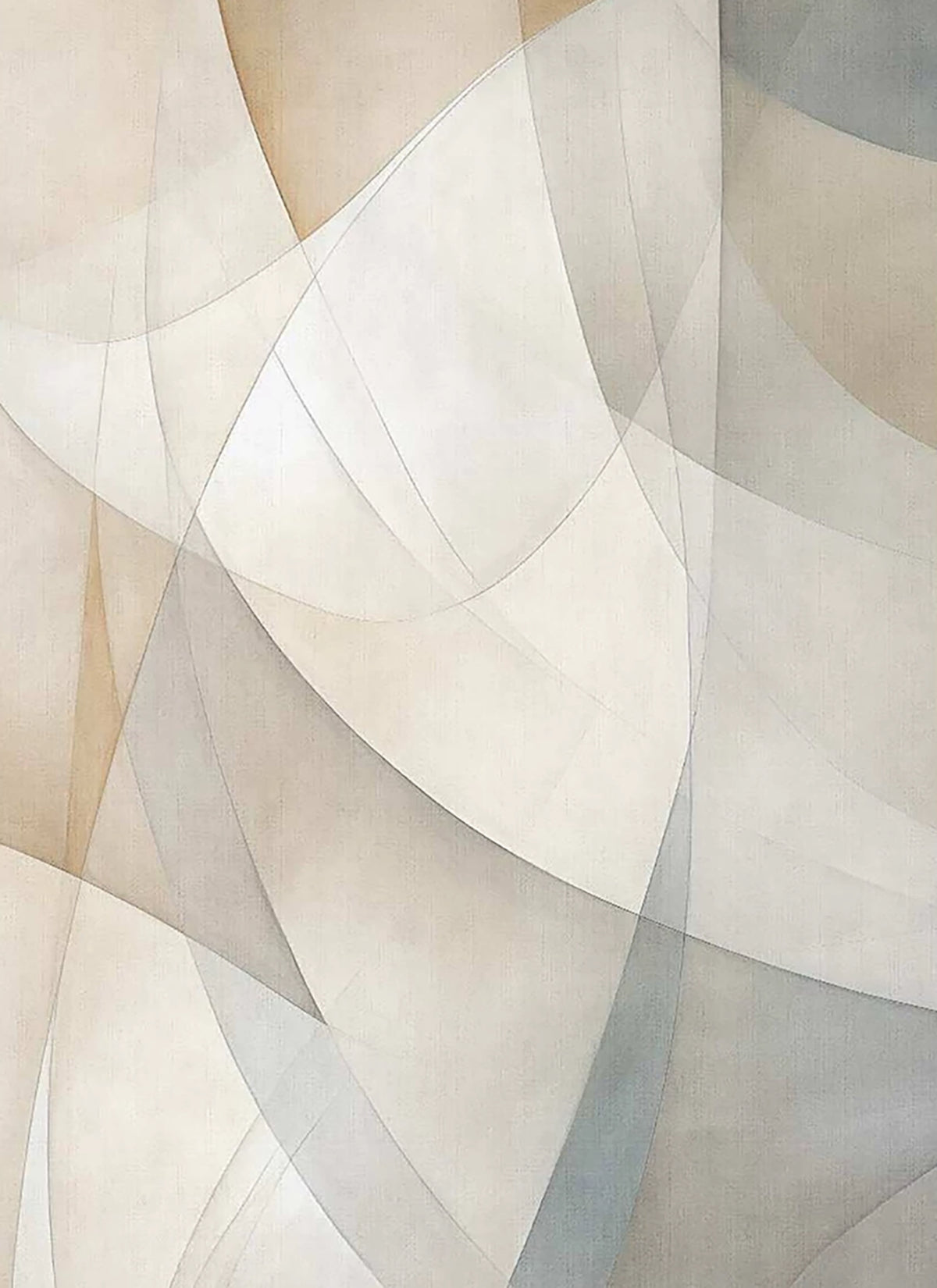 Overlapping translucent curves of ivory, sand and soft grey like folded paper