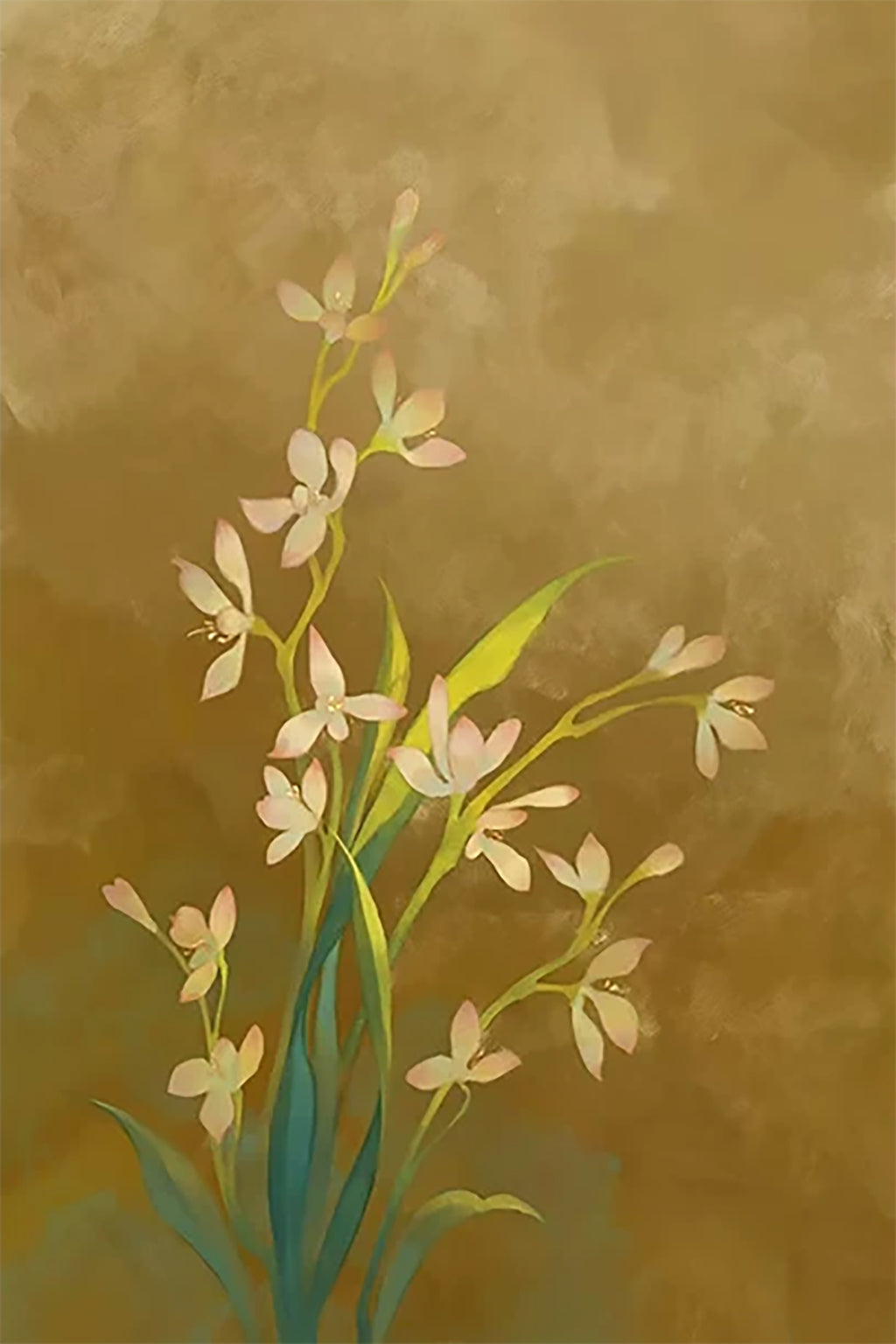 Slender stems of pale wild orchids rising against a mottled olive-gold ground