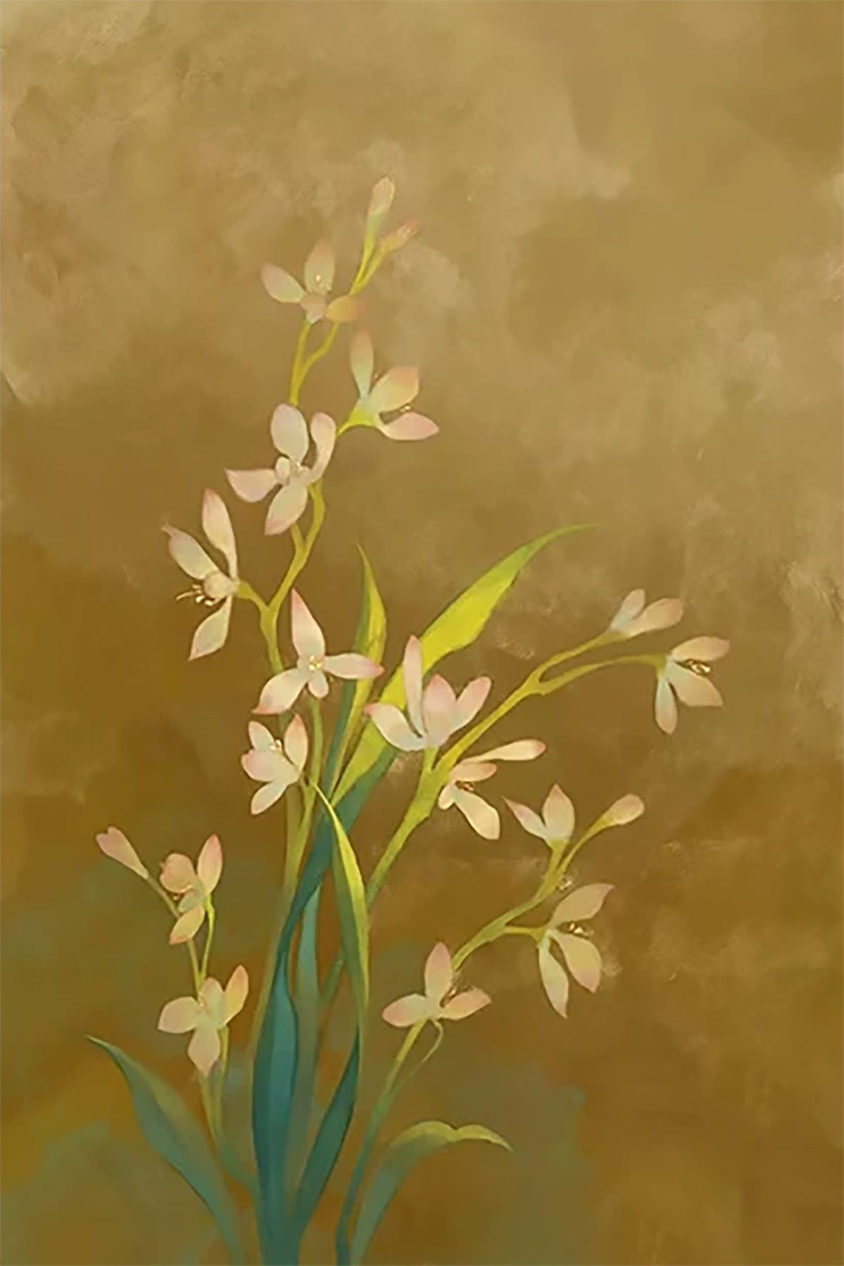 Slender stems of pale wild orchids rising against a mottled olive-gold ground