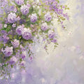Lavender roses and tiny blossoms tumbling down one side of a dreamy, pearly lilac ground