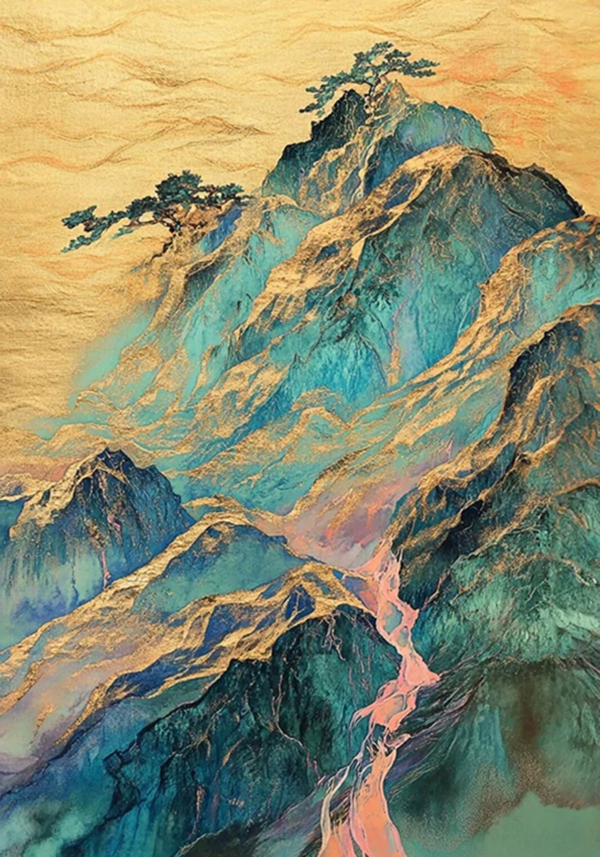 Turquoise and gold mountains with lone pines above a winding pink river on a gilded sky
