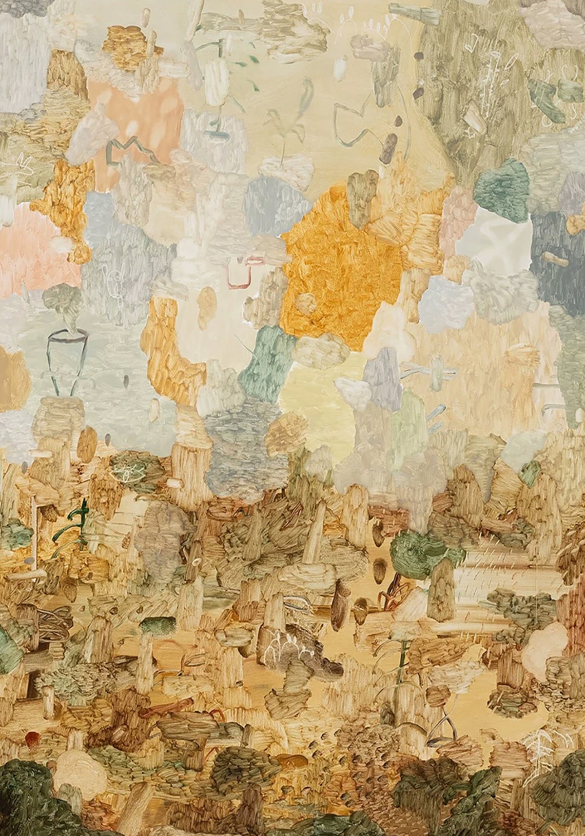 Weathered patches of ochre, peach, pale blue and sage layered like old frescoes