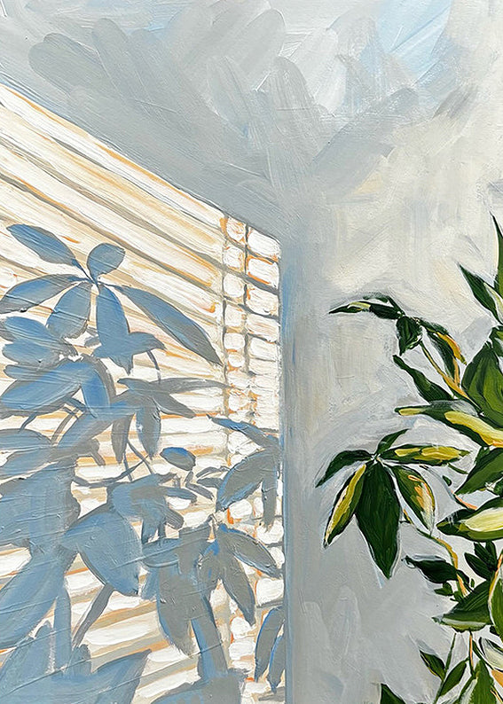 Soft leaf shadows falling across window blinds beside a green potted plant