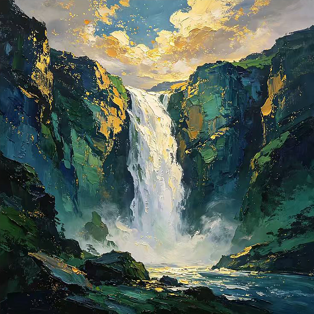 A tall waterfall plunging between green cliffs into a misty gorge under golden clouds