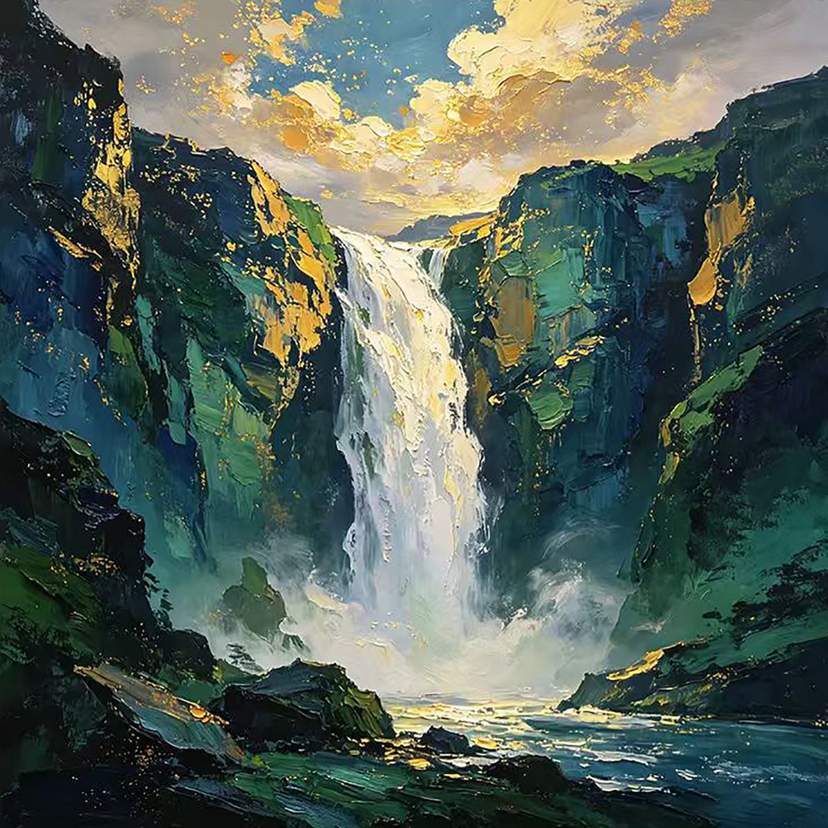 A tall waterfall plunging between green cliffs into a misty gorge under golden clouds