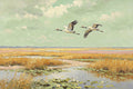 Two red-crowned cranes flying low over golden reeds and lily pads in a wide wetland