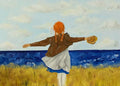 A red-haired girl in a brown jacket flinging her arms wide in a golden field above the blue sea