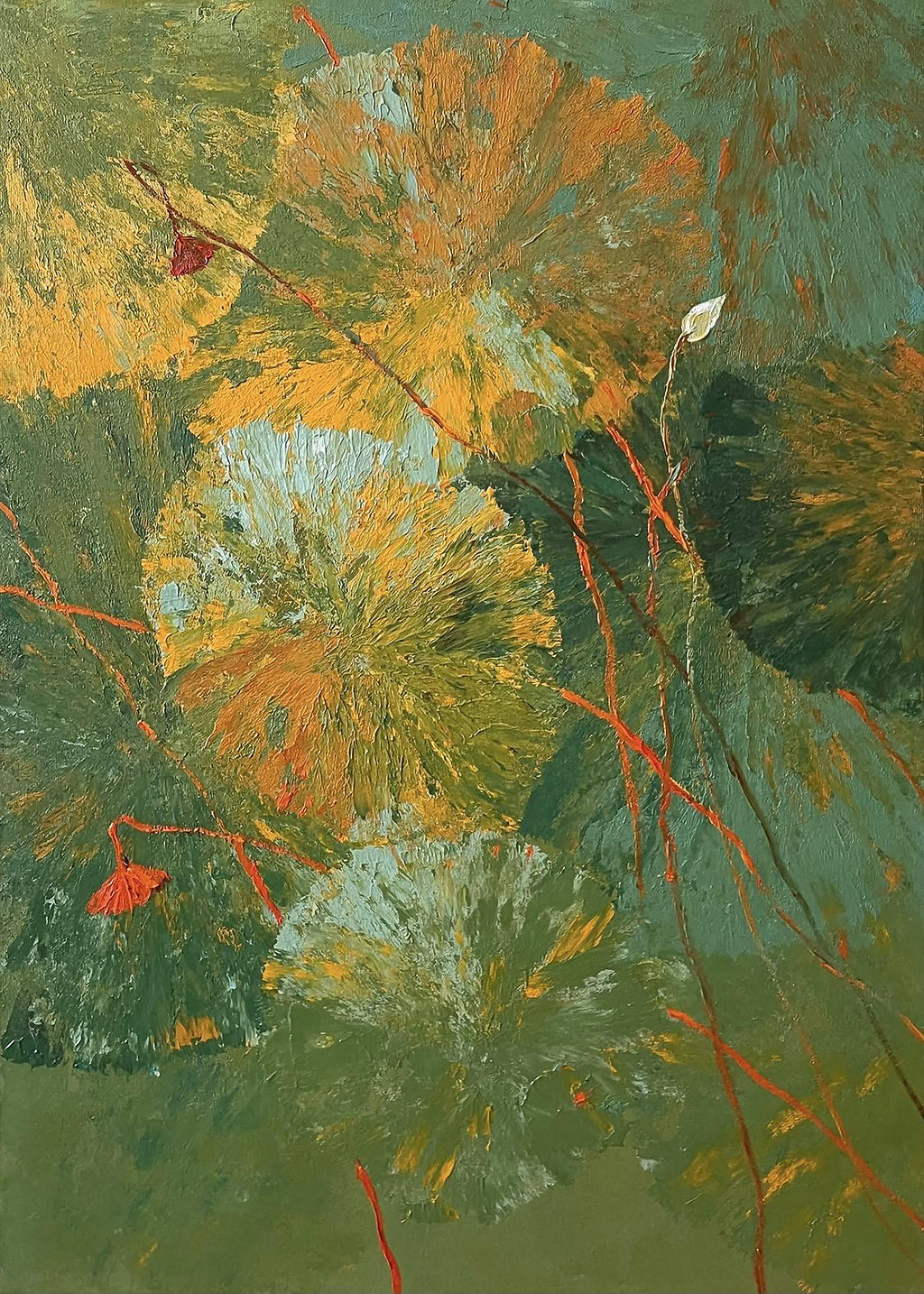 Faded lotus leaves in ochre and sage with thin red stems across a deep green pond