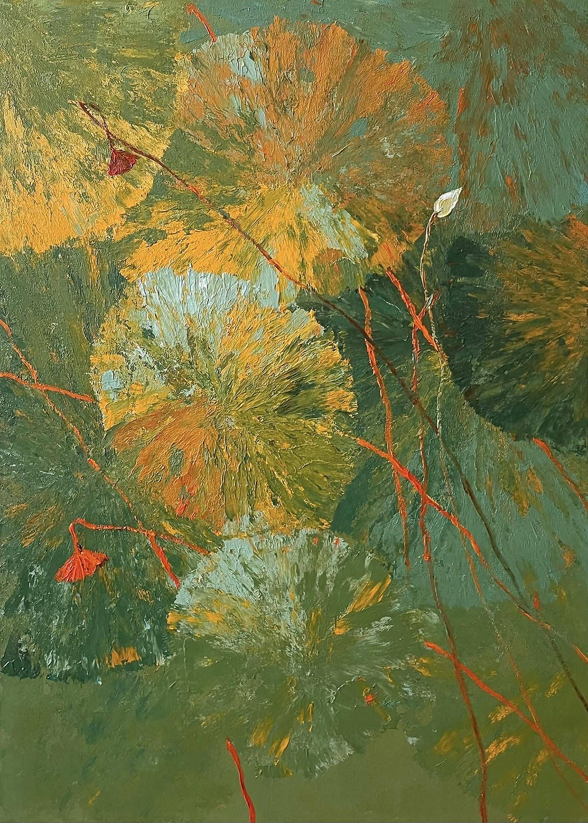 Faded lotus leaves in ochre and sage with thin red stems across a deep green pond