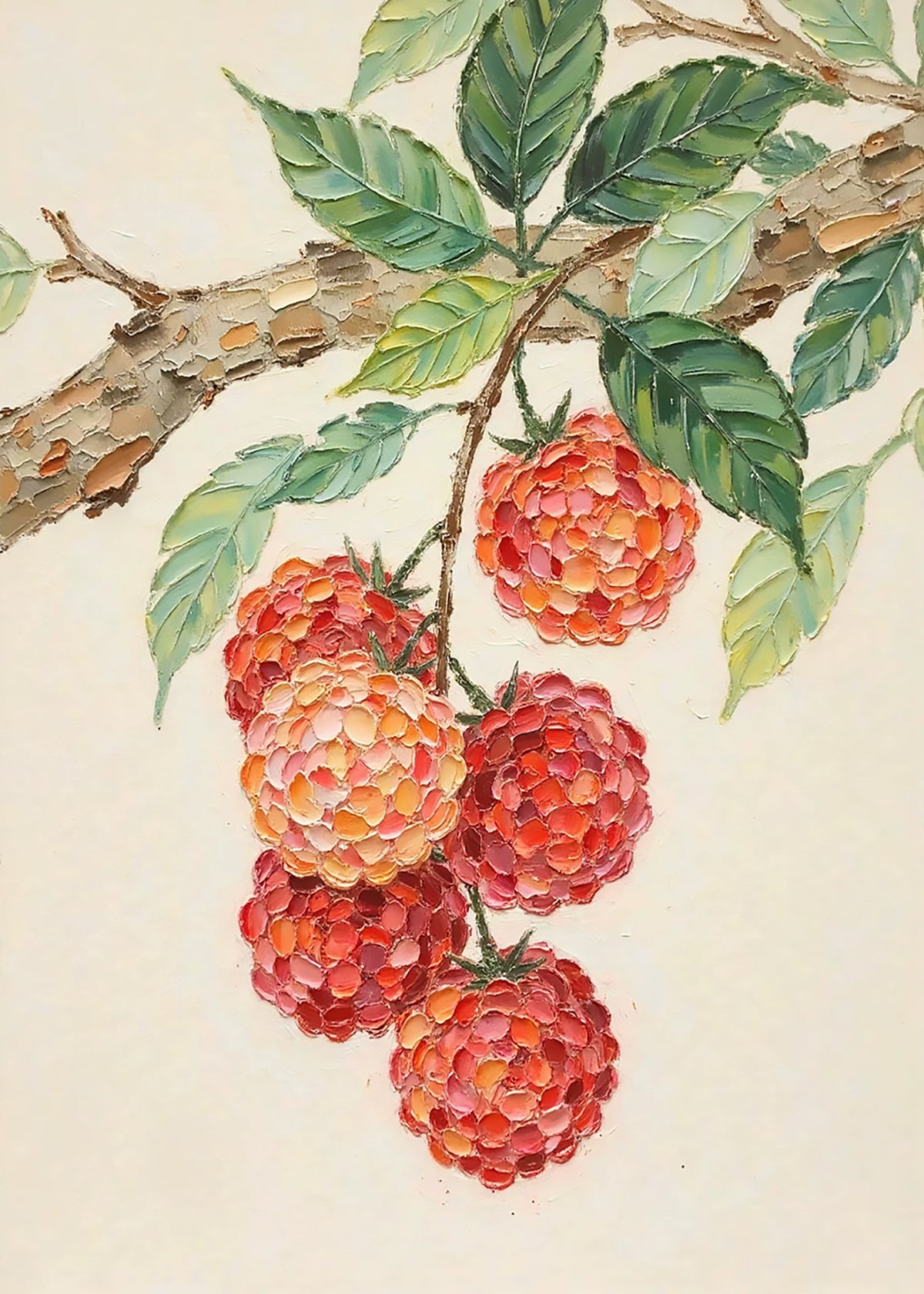 A cluster of ripe red lychees in raised paint hanging from a branch with glossy leaves
