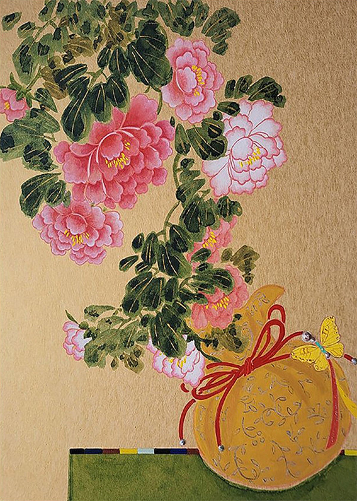 Pink peonies tumbling above a golden pouch tied with red cord, a small butterfly on a gold ground