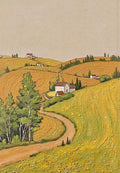 A winding road through golden fields to white farmhouses and cypress trees on rolling hills