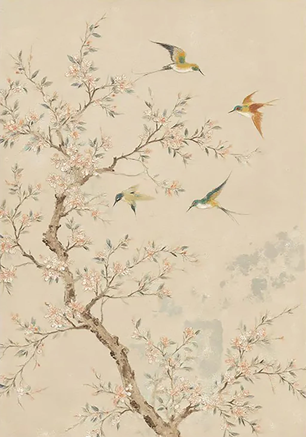 Four swallows darting around a flowering peach tree on a warm beige ground