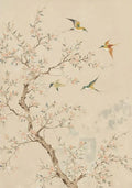 Four swallows darting around a flowering peach tree on a warm beige ground