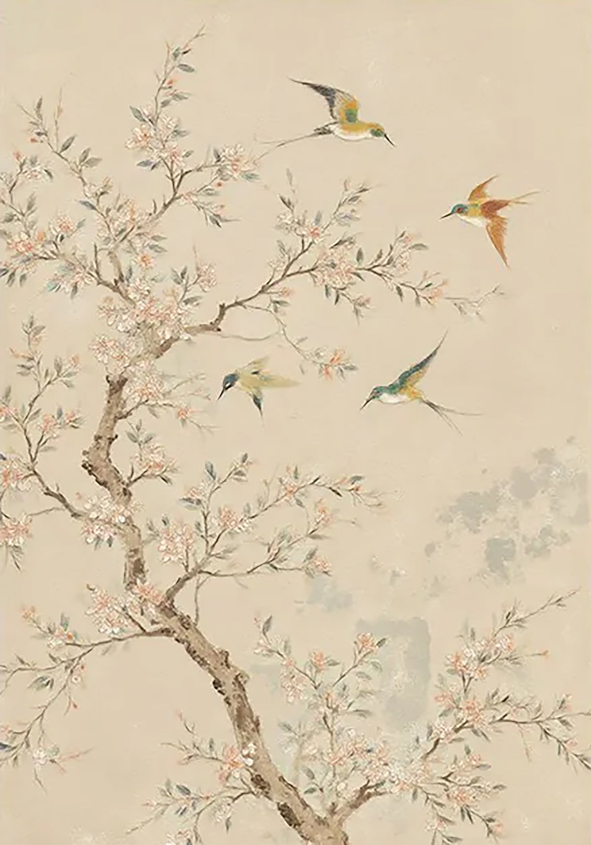 Four swallows darting around a flowering peach tree on a warm beige ground