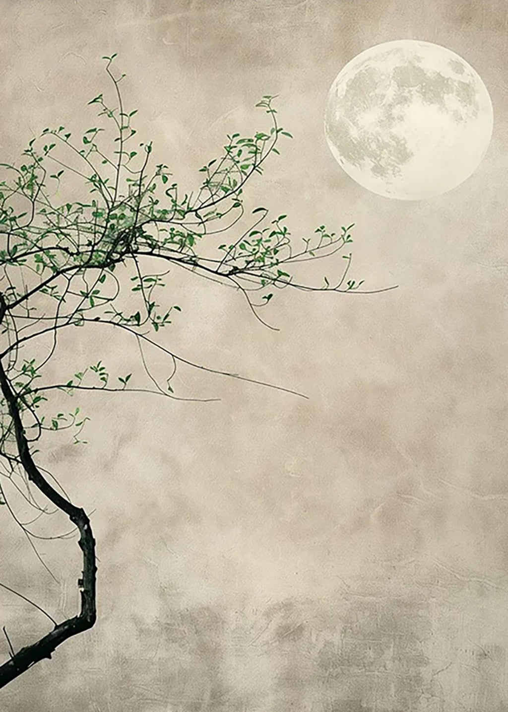 A bare branch with new green buds reaching toward a pale full moon on a misty ground