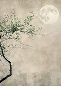 A bare branch with new green buds reaching toward a pale full moon on a misty ground