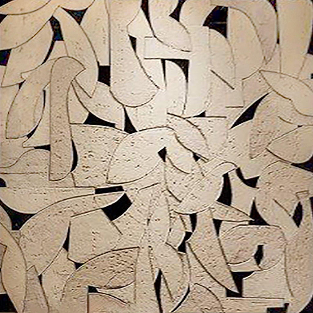 Overlapping cream leaf and crescent shapes in raised texture over a black ground