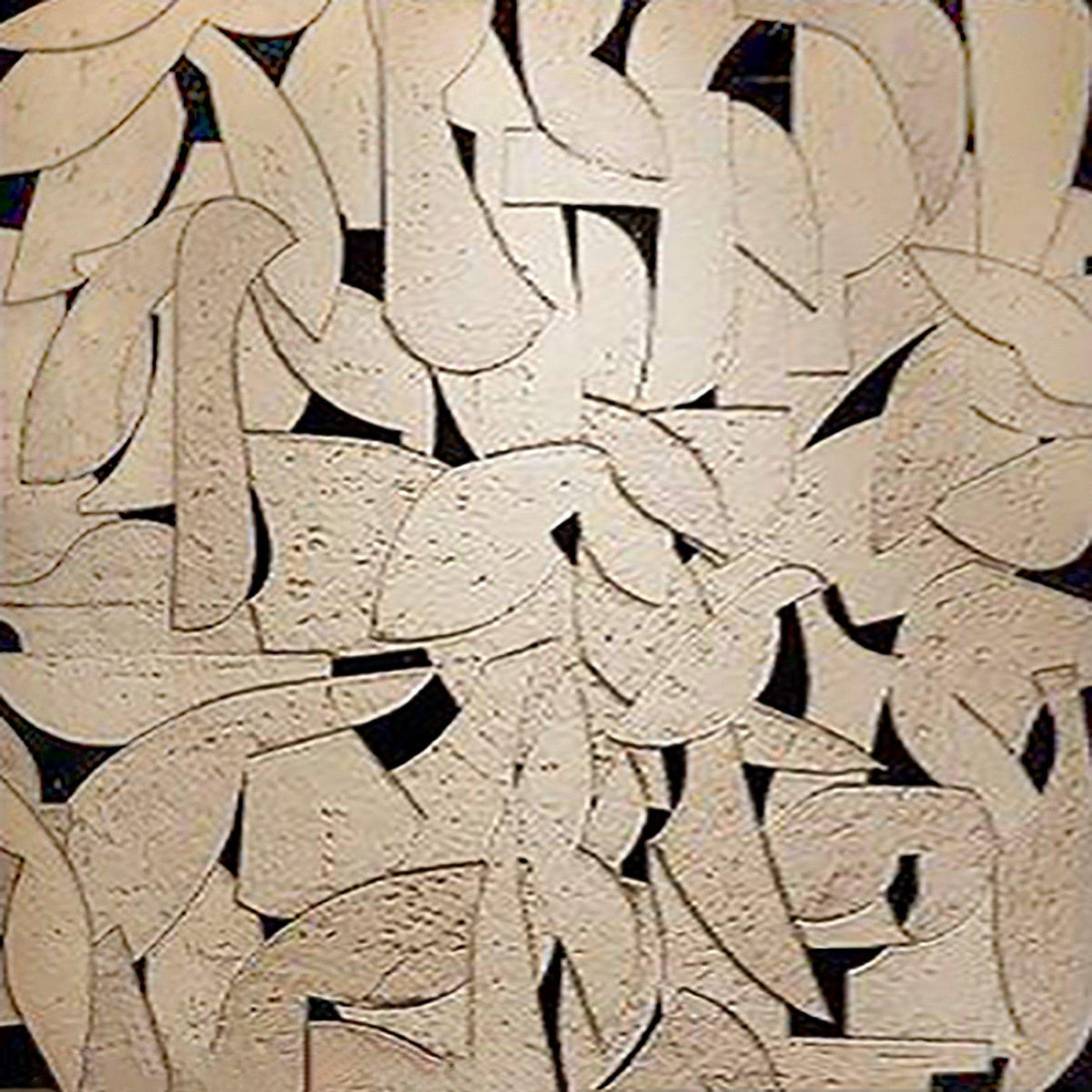 Overlapping cream leaf and crescent shapes in raised texture over a black ground