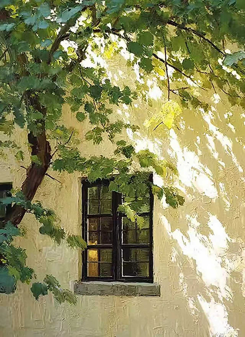 A dark-framed window in a sunlit yellow wall, shaded by a leafy tree
