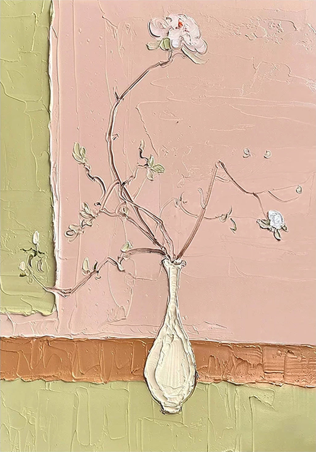 A slender blossom sprig in a tall white vase against pink and sage, in thick sculpted paint