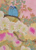 Two blue lovebirds snuggled on a branch above large pink and cream blossoms