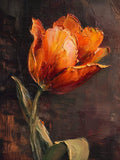 A single flame-orange tulip glowing against a dark umber ground