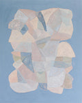 A cluster of soft pastel geometric fragments floating on a dusty blue ground